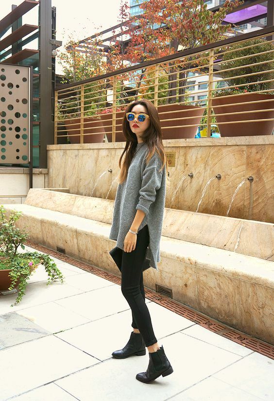 Gray Sweater with Black Chelsea Boots